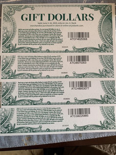 Bank gift cards are perfect for every occasion and arrive at your recipient's address via postal mail discounts are not redeemable for cash or credit. Jos. A. Bank Gift Dollars. It's $25 off your purchase of ...