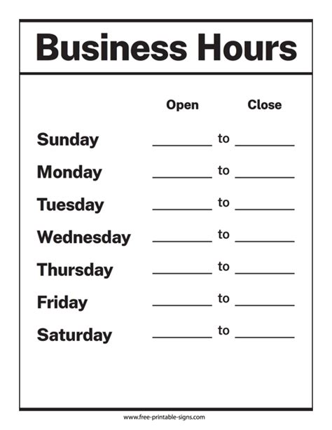 The Business Hours Are Shown In This Black And White Printable Sheet
