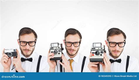 Multiple Image Of Man Using Retro Camera Stock Image Image Of Amusing