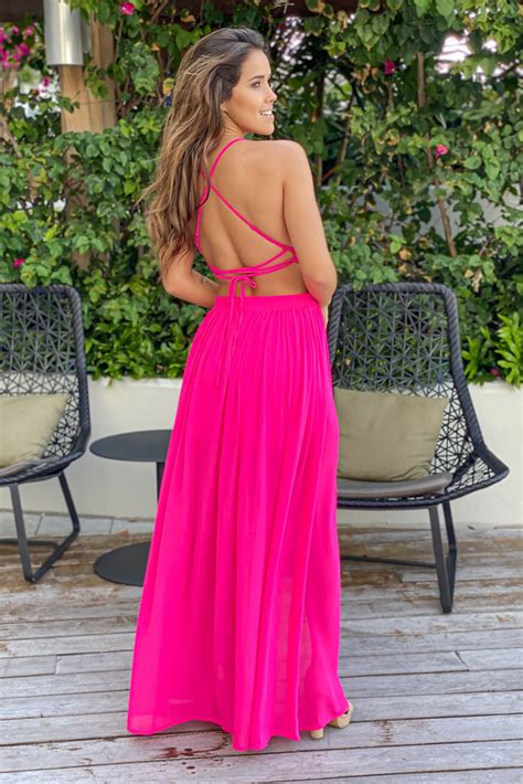 Hot Pink Maxi Dress With Cut Outs And Side Slit Maxi Dresses Saved