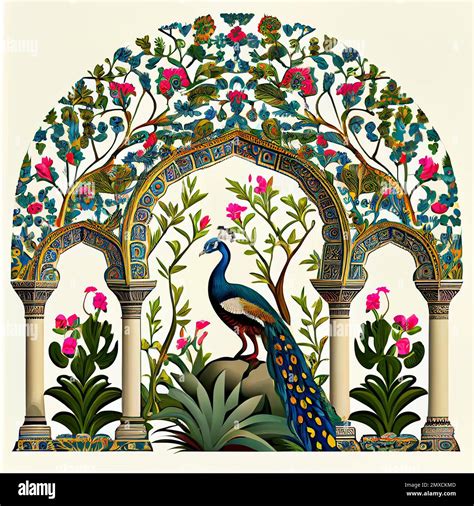 Traditional Mughal Garden Arch Peacock Plant And Bird Illustration