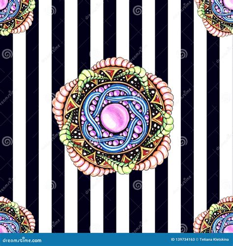 Abstract Mandala Seamless Pattern With Striped Background Stock