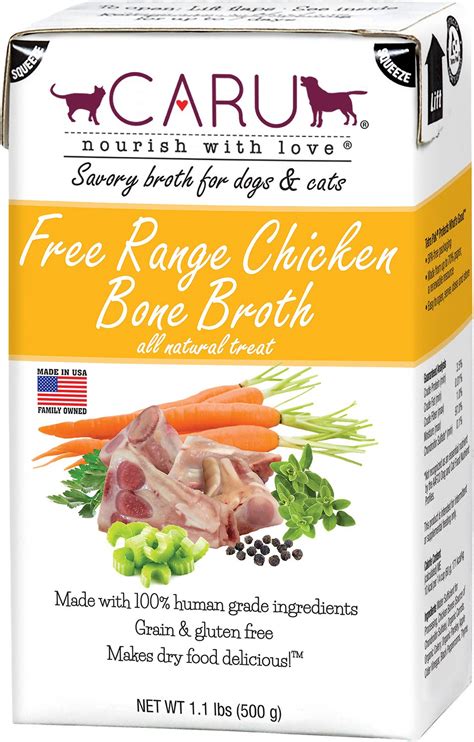 Chicken broth (or any kind of broth that comes from simmering poultry) has a lot of health benefits for humans, even when it's not cold and flu season. Caru Free Range Chicken Bone Broth for Dogs & Cats, 1.1-lb ...