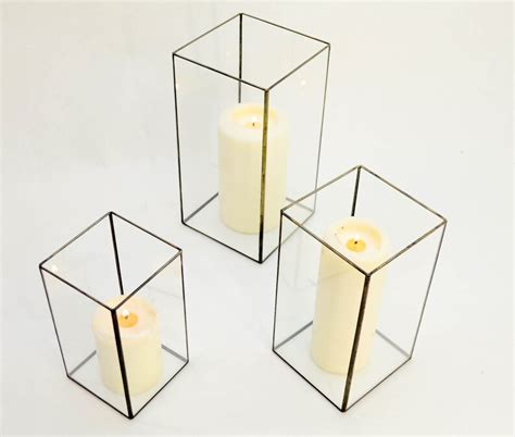 Set Of 3 Geometric Glass Candle Holders Rectangles Modern Etsy