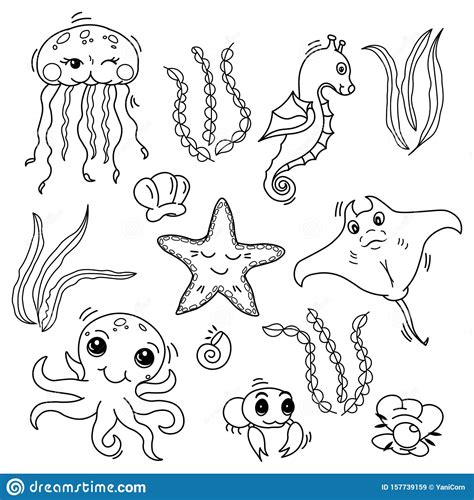 Set Of Cute Sea Creatures For Baby Coloring Book Adorable Kawaii