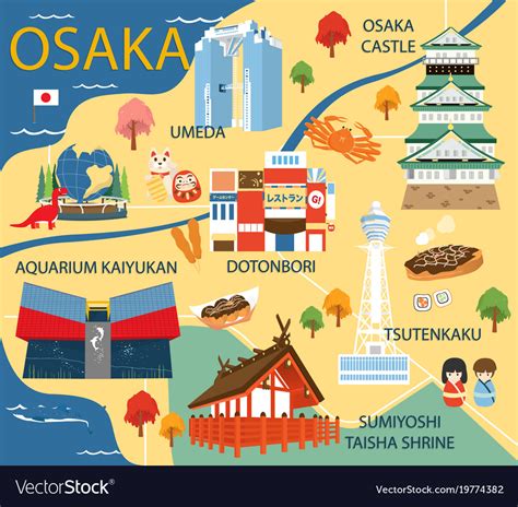 Locate osaka hotels on a map based on popularity, price, or availability, and see tripadvisor reviews, photos, and deals. Osaka map with colorful landmarks japan design Vector Image