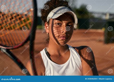 African American Tennis Player On Court In Summer Stock Photo Image