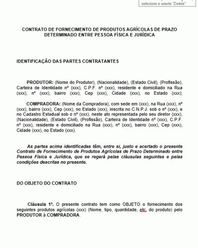 Modelo de Contrato de Fornecimento de Produtos Agrícolas com Prazo