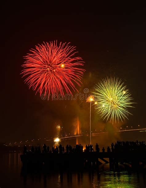 Big And Colorful Firework Explode In Dark Sky In Celebration Time Stock