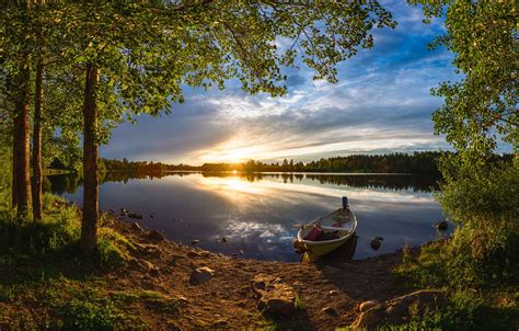 Wallpaper Forest Summer Trees Sunset River Boat Finland Finland