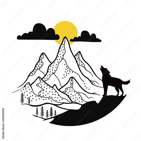 Vector Illustration With Howling Wolf Silhouette And Outdoor Mountain