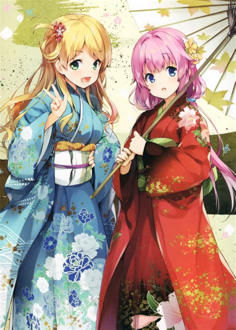Wallpaper Anime Girls Kimono Blonde Pink Hair Umbrella