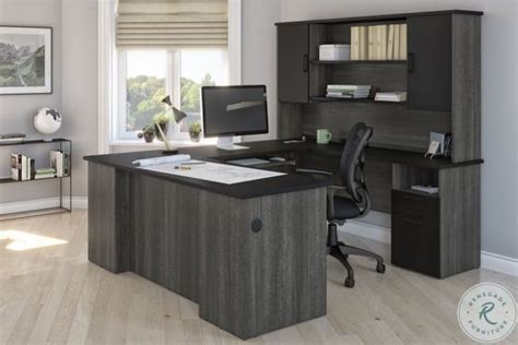 Norma Black And Bark Gray 71 U Shaped Executive Desk With Hutch From
