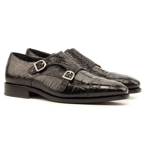 Emanuele Sempre Double Monk Exotic Alligator Shoes Black
