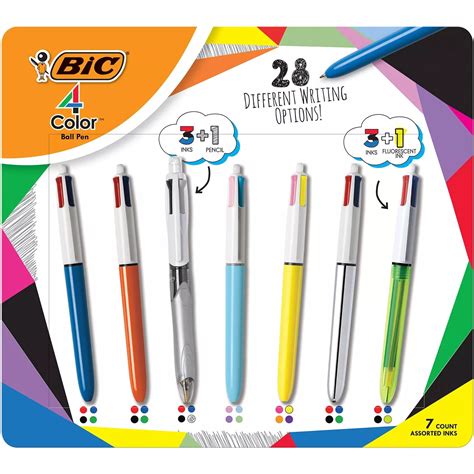 Bic 4 Color Retractable Ballpoint Pen Med Pt 10mm Variety 7 Count