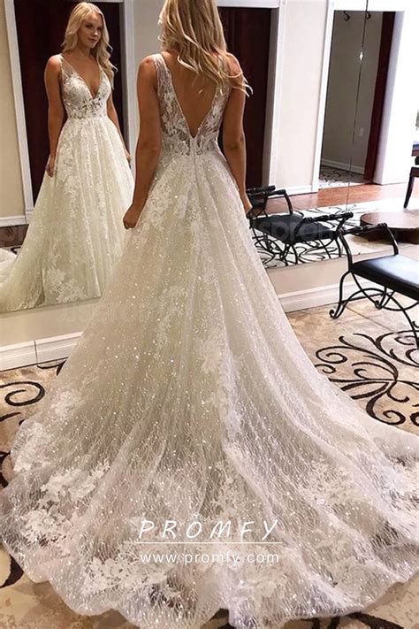 Glitter Mesh And Lace Low V Back Sparkly Wedding Gown Wedding Dress