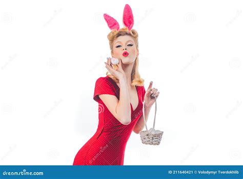 Pinup Woman Bunny Easter Lovely Woman In Rabbit Costume Happy Woman Preparing For Easter With