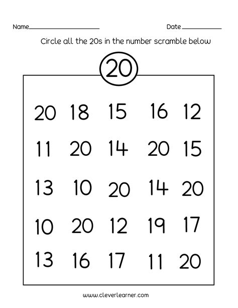 Count up to 20 objects in a group to tell how many. Number 20 writing, counting and identification printable ...