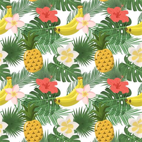 Summer Tropical Leaves With Pineapples Bananas And Flowers On White