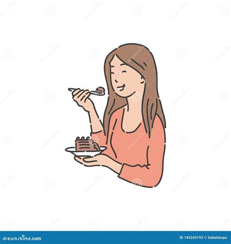 Smiling Woman Is Holding Plate And Eating Cake Sketch Style Stock