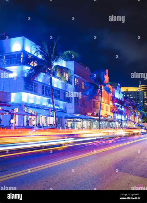 Miami Beach April Colorful Art Deco District At Night Miami Beach Ocean Drive Hotels And