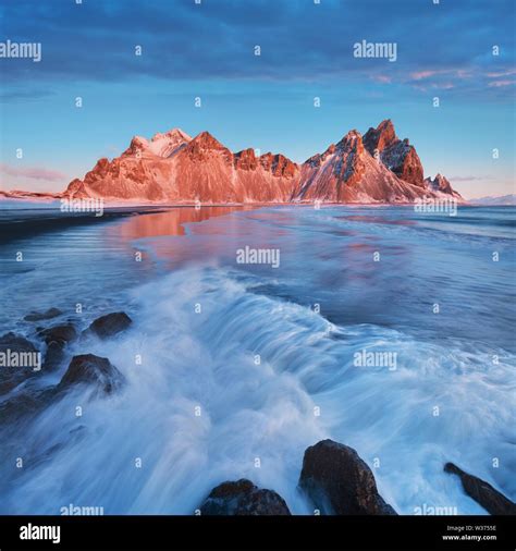 Magical Vestrahorn Mountains And Beach In Iceland At Sunrise Panoramic