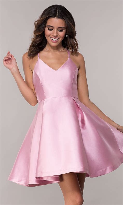 fit and flare v neck short homecoming dress promgirl girls formal dresses pink formal