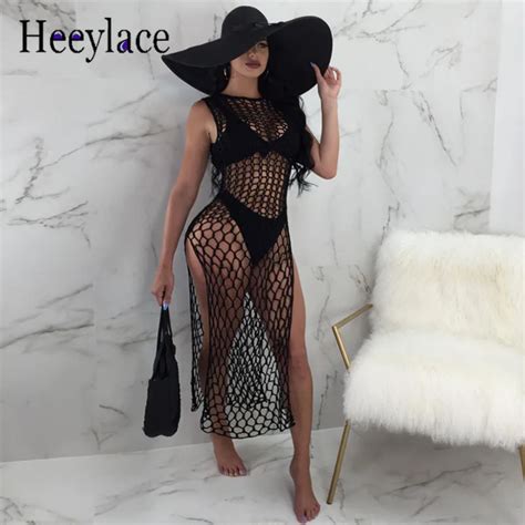 Women Sexy Mesh Summer Dress Crochet Fishnet Side Split Hollow Out See