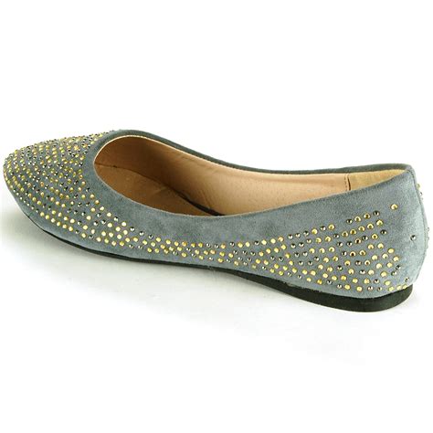Womens Ballet Flats Slip On Rhinestone Shoe Faux Suede Round Pointed