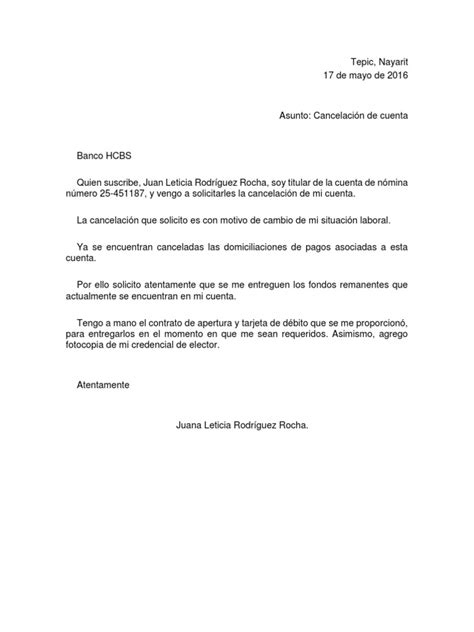 Ejemplo Carta De Cancelacion De Cuenta Bancaria Pdf