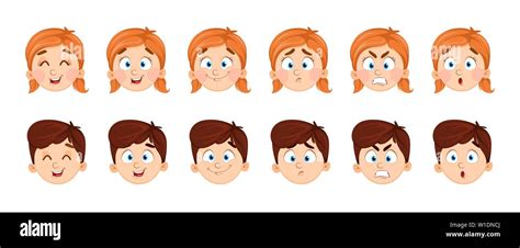 Face Expressions Of Boy And Girl Set Of Emotions Of Children Vector