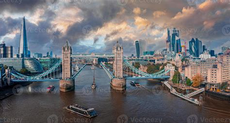Aerial Panorama Of The London Tower Bridge And The River Thames