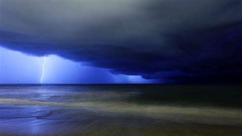 Nature Landscape Storm Lightning Clouds Water Sea Waves Horizon