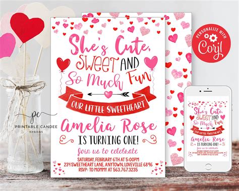 Valentine's Day Printable Invitation Heart Birthday Editable Invite