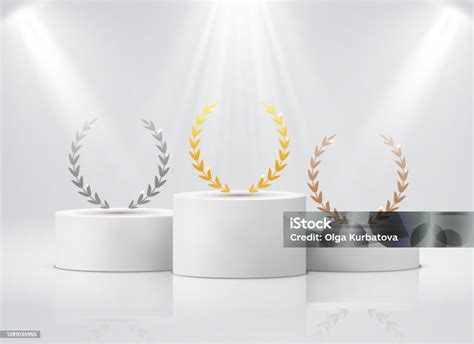 Winner Pedestal With Laurel White Cylinder Podiums Under Spotlights