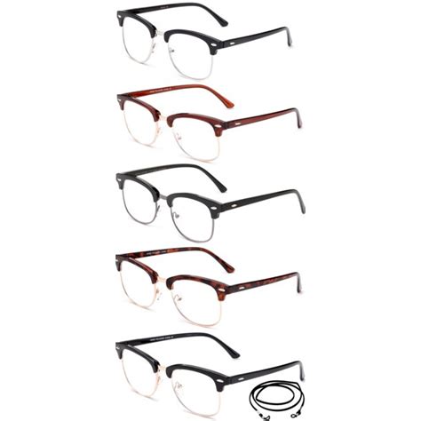 5 Pack Vintage Style Half Rim Reading Glasses Comfortable Stylish Simple Reader For Men