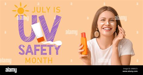 Young Woman Applying Sunscreen Cream Against Color Background Banner