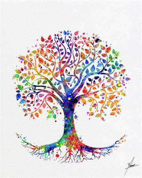 A Watercolor Painting Of A Tree With Colorful Leaves On Its Branches
