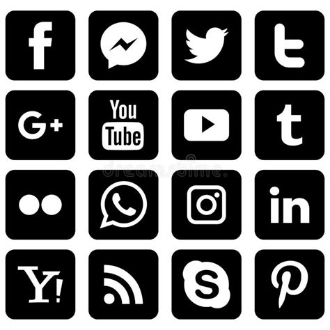 Black And White Social Media Icons On Transparent Background Vector