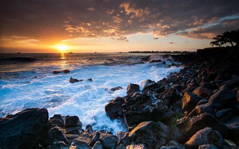 Landscapes Shore Coast Ocean Sky Sunset Waves High Quality Wallpaper