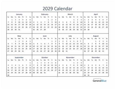 Vector Calendar 2029 Sunday Simple 2029 Year Calendar