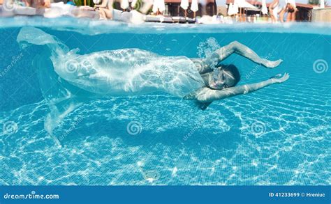 Beautiful Woman Girl White Dress Underwater Diving Swim Blue Sunny Day