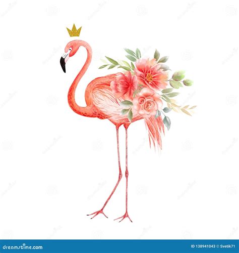 Pink Flamingo With A Bouquet Of Flowers And A Crown Stock Illustration