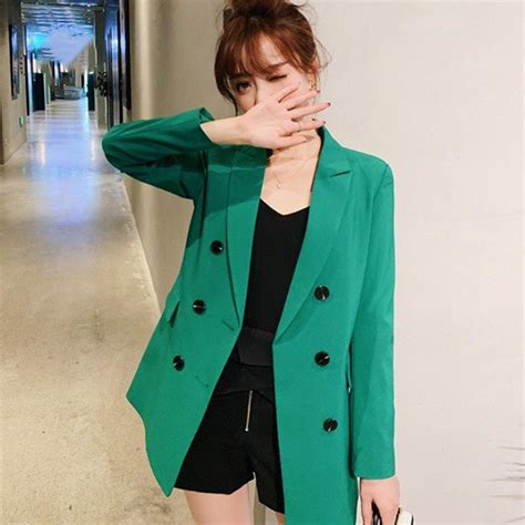 Fashion Women Double Breasted Solid Blazer Female Notched Collar Casual