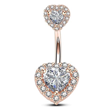 Oufer 14g Double Heart Cubic Zirconia Navel Belly Button Ring Surgical