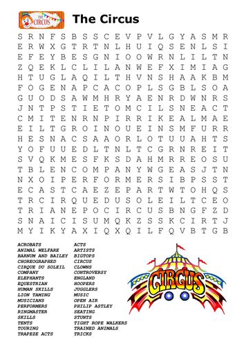 The Circus Word Search Teaching Resources