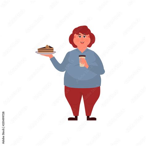 Fat Woman Eating A Piece Of Cake And Is Drinking Coffee Funny Cartoon