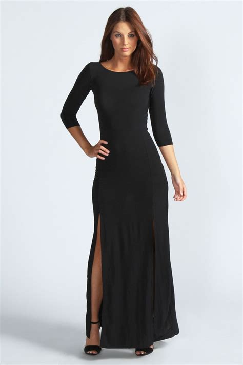 Harriet Long Sleeve Double Split Maxi Dress Long Black Maxi Dress