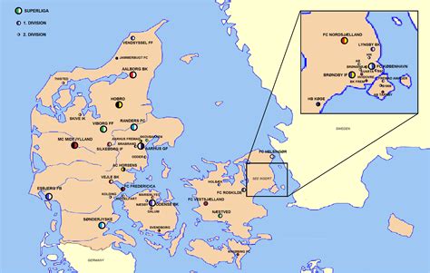 League, teams and player statistics. Map of the Teams i Denmark's Top Three Domestic Leagues ...