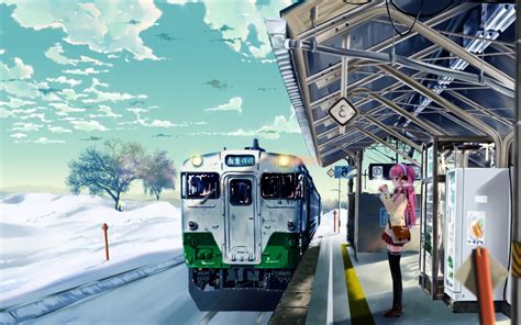 1920x1200 Train Winter Anime Train Station Women Wallpaper